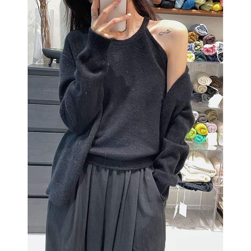 Damen Strickpullover Flauschig Offene Ärmel Beige