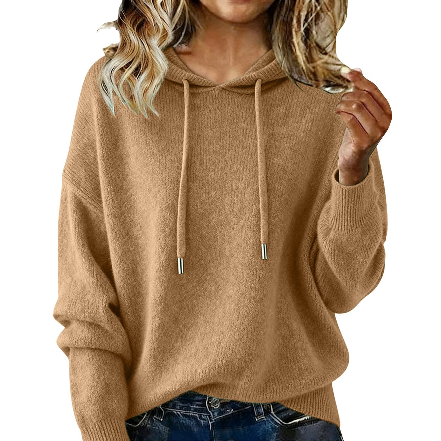 Damen Oversized Kapuzenpullover Texturiert Kordelzug Beige