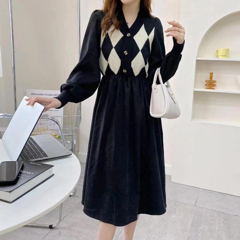 Damen Strickkleid Diamantmuster Knöpfe Norvielle