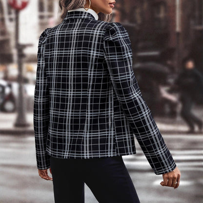 Damen Blazerjacke Kariert mit Knöpfen weiß