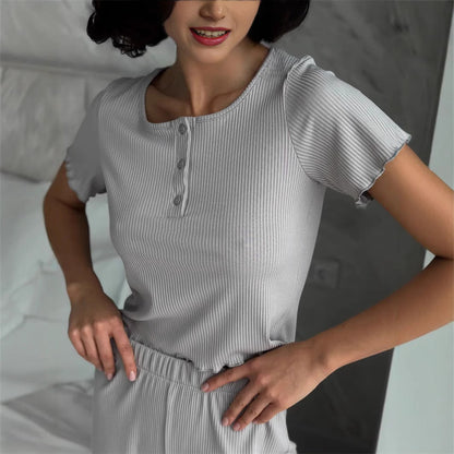 Damen Pyjama-Set Elastisch Knöpfe Weich