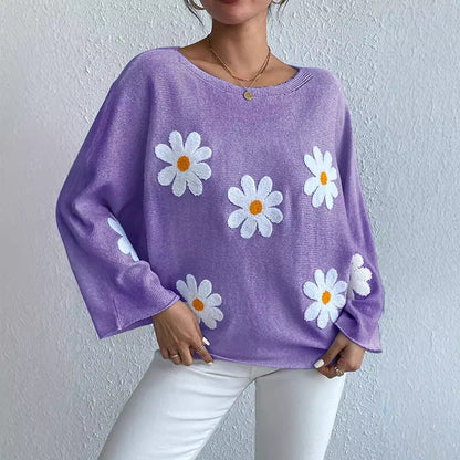 Damen Strickpullover Blumendesign Weit Norvielle