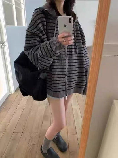 Damen Oversized Strickjacke Kapuze Reißverschluss Norvielle
