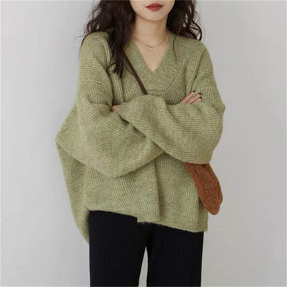 Damen Oversize Pullover V-Ausschnitt Kuschelfleece Beige