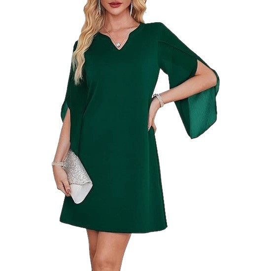 Damen V-Ausschnitt Kleid Durchsichtige Ärmel Norvielle