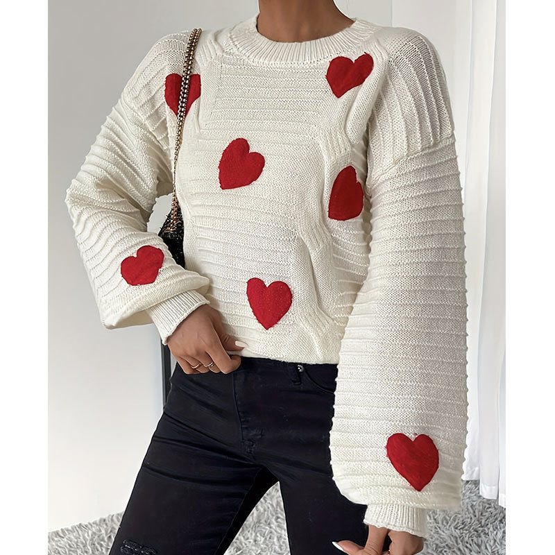 Damen Strickpullover Herz-Applikation Modernes Design