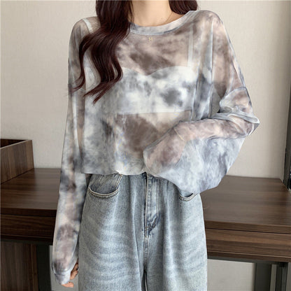 Damen Longsleeve-Oberteil Transparent Tie-Dye-Muster