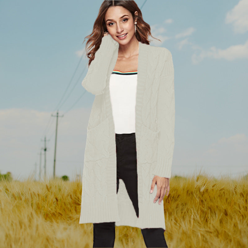 Damen Grobstrick Cardigan Zopfmuster Taschen Beige