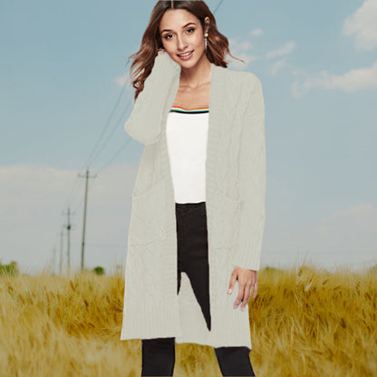 Damen Grobstrick Cardigan Zopfmuster Taschen Beige