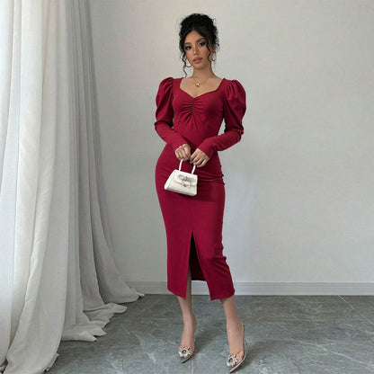 Damen Midi-Kleid Puffärmel Raffiierter Schlitz Norvielle