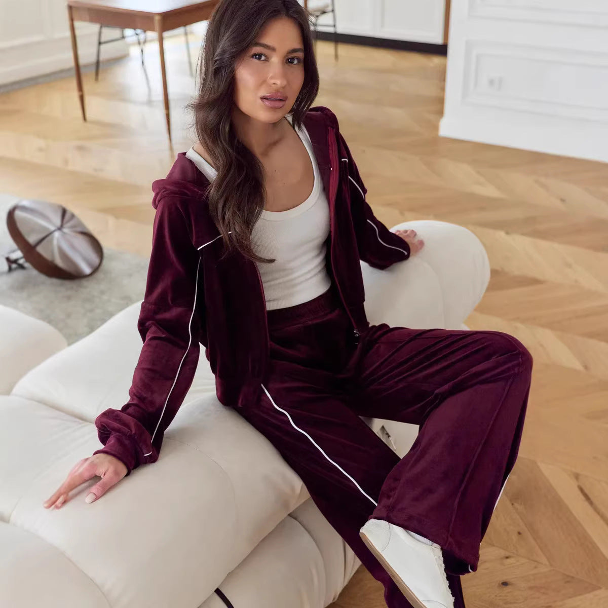 Damen Sportlicher Velour-Anzug mit Kapuze Elastisch