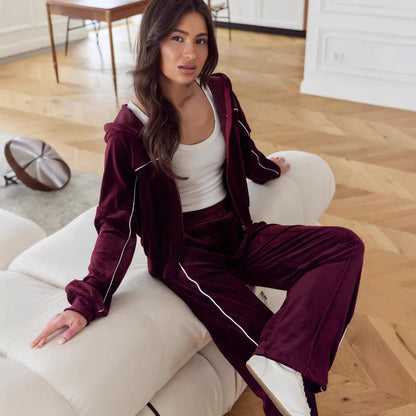 Damen Sportlicher Velour-Anzug mit Kapuze Elastisch