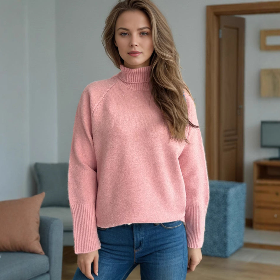 Damen Rollkragenpullover Strukturiertes Strickdesign Glitzernde