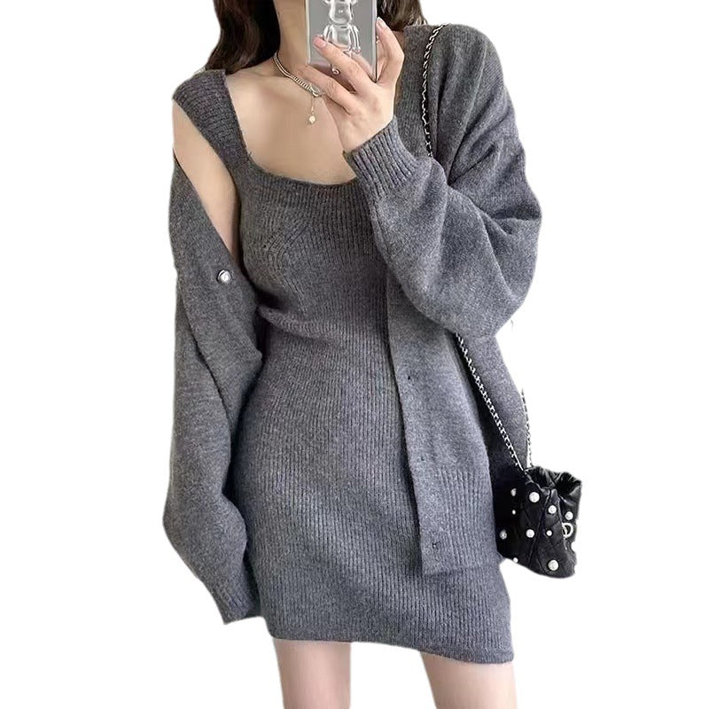 Damen Strickkleid minimalistisch mit abnehmbarer Strickjacke