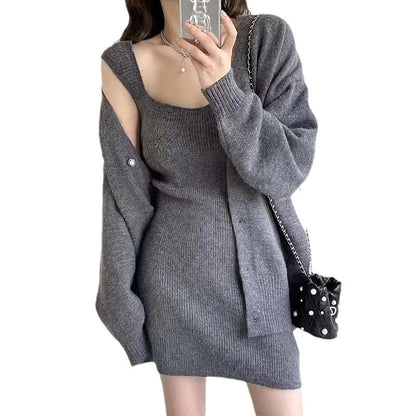 Damen Langstrickkleid V-Ausschnitt Lässig Knopfleiste Norvielle
