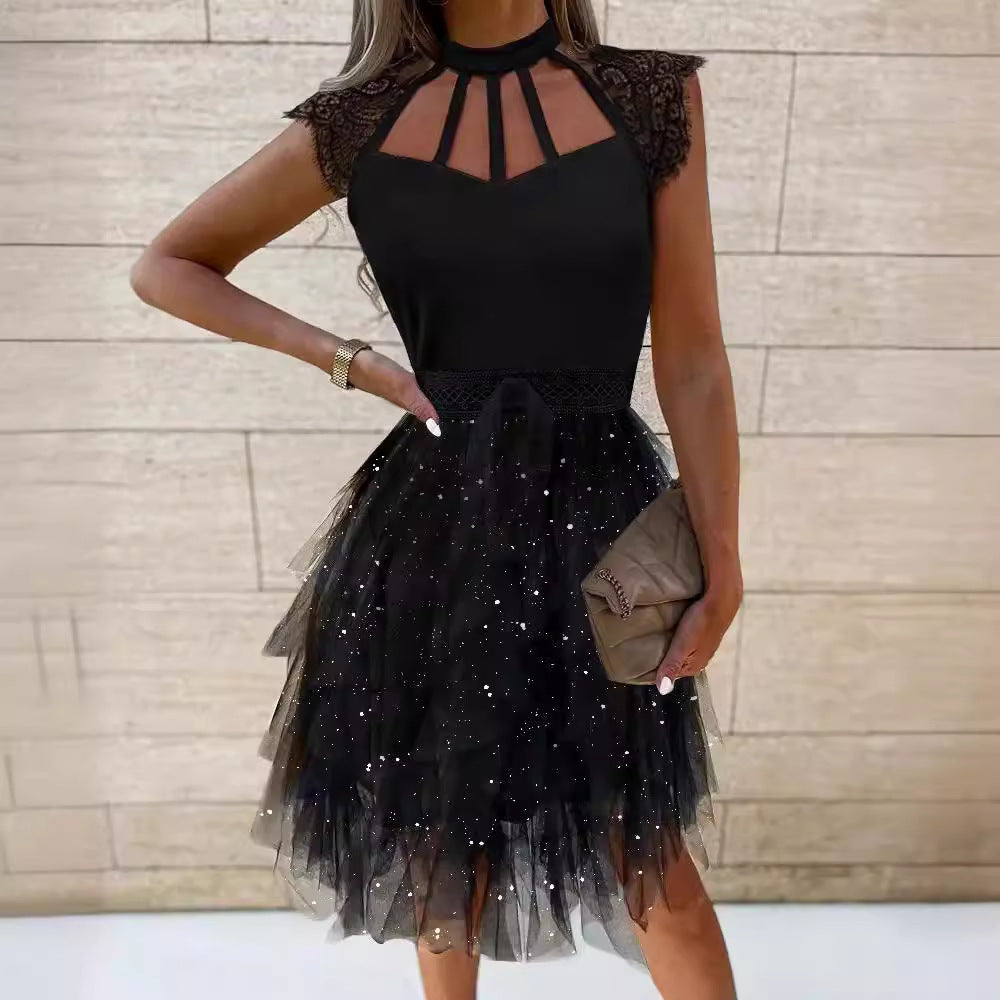 Damen Cocktailkleid Spitze Glitzernd Tüll Norvielle