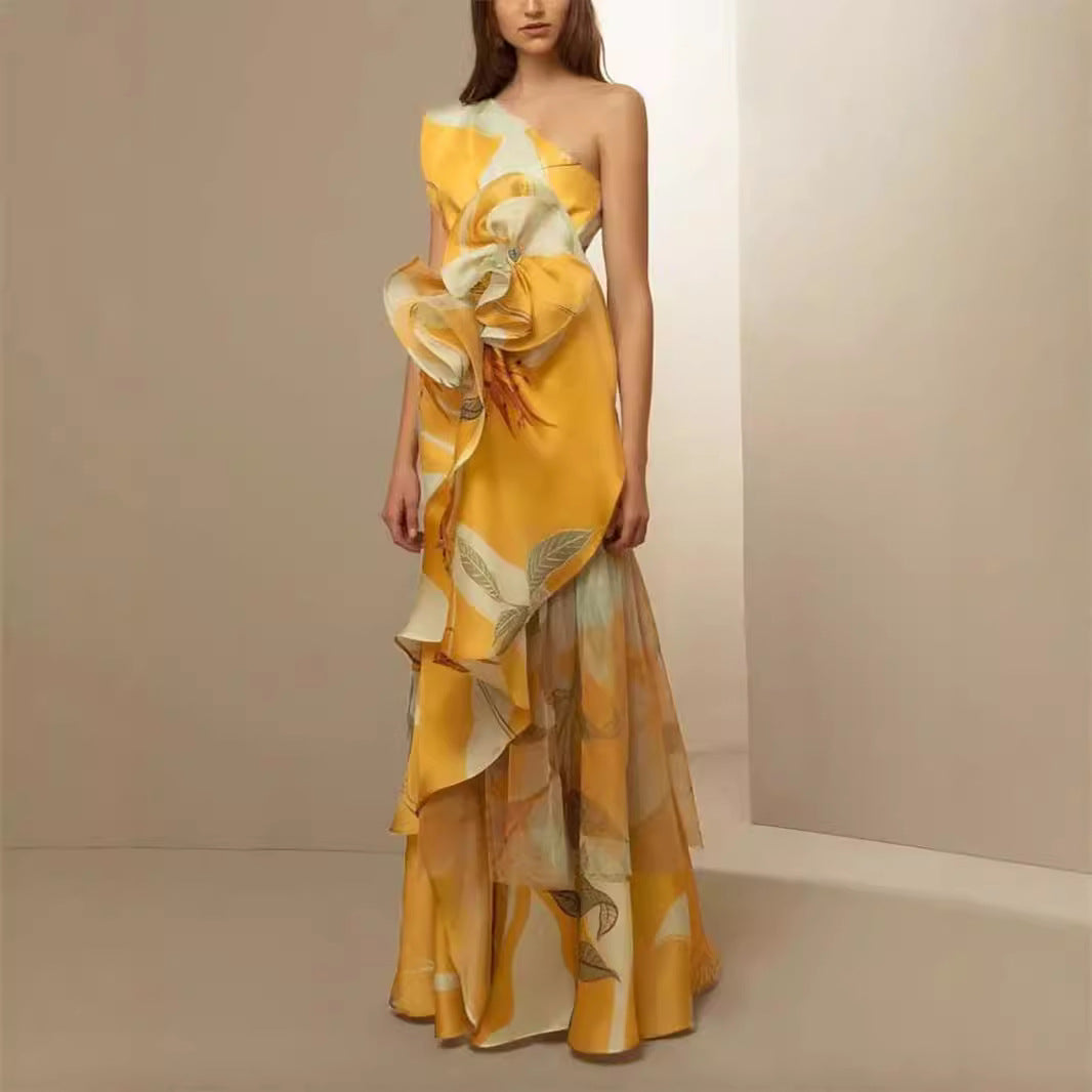 Damen Maxikleid Asymmetrisch Florale Rüschen