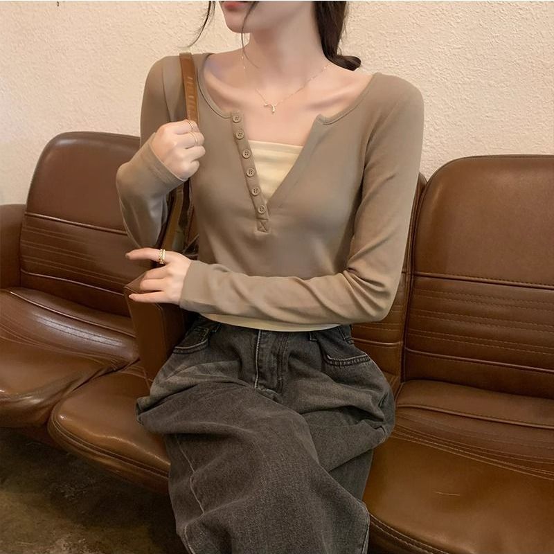 Damen Langarmshirt Rundhalsausschnitt Knopfleiste Norvielle