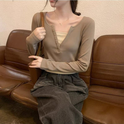 Damen Langarmshirt Rundhalsausschnitt Knopfleiste Norvielle