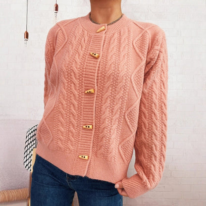 Damen Strickcardigan Weich Nautisches Zopfmuster Holzknöpfe Beige