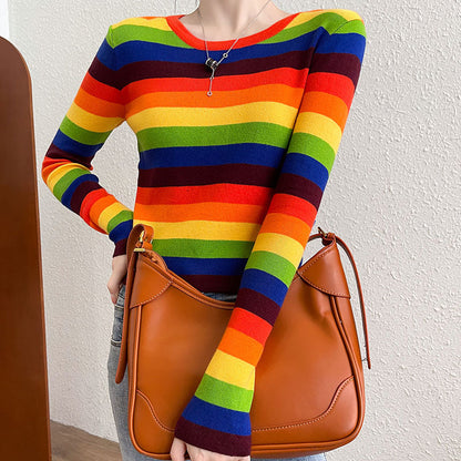 Damen Langärmliges Gestreiftes Shirt Farbenfroh Norvielle
