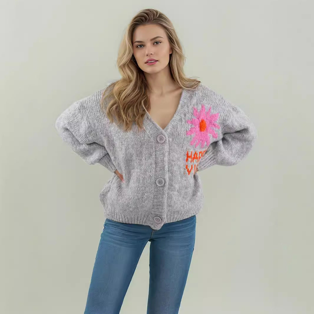 Damen Strickjacke Bunt Blumenmuster Große Knöpfe