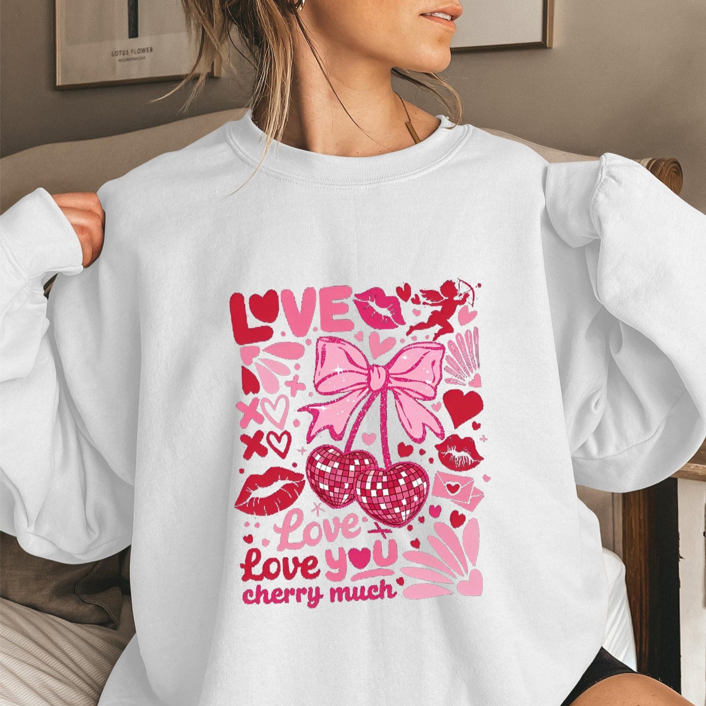 Damen Sweatshirt Voluminöse Ärmel Kirschmotiv Grün