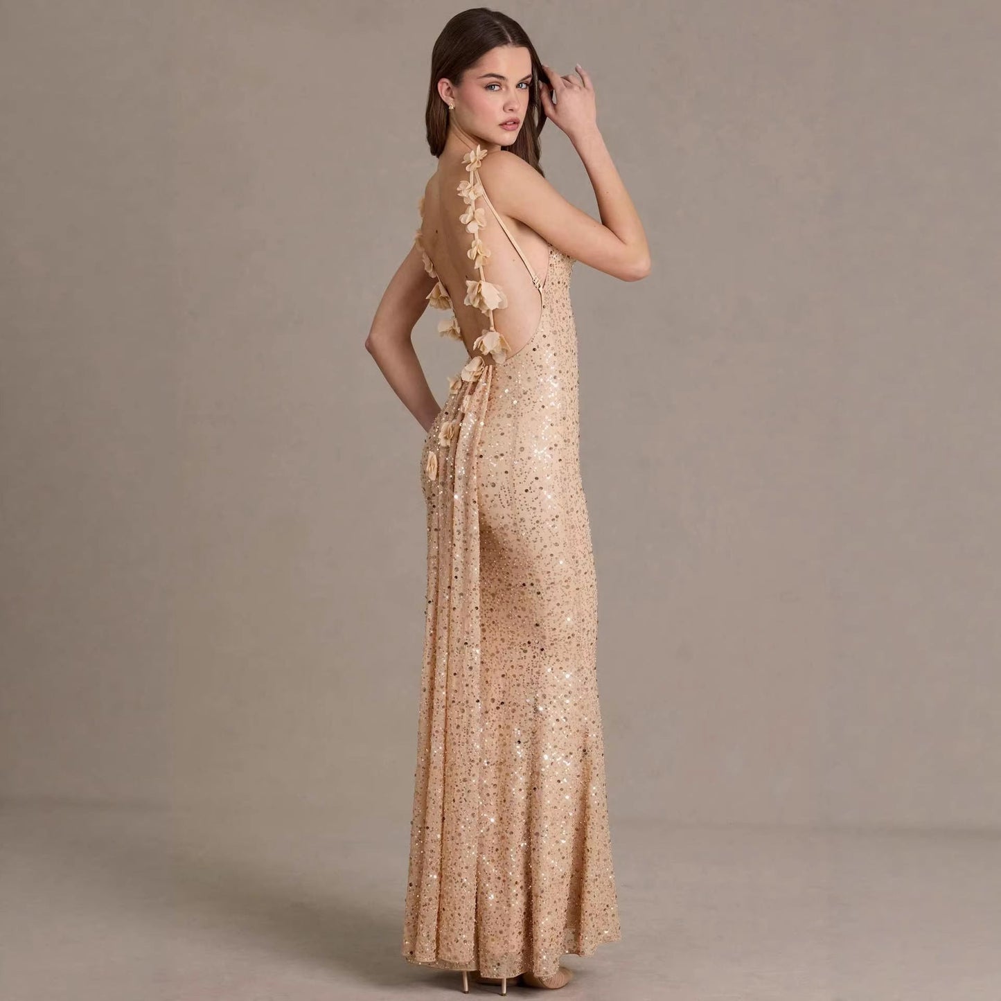 Damen Maxi-Kleid Pailletten Wasserfallausschnitt Figurbetonter Stoff
