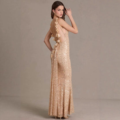 Damen Maxi-Kleid Pailletten Wasserfallausschnitt Figurbetonter Stoff