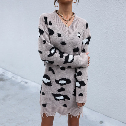 Damen Strickkleid Leopardenmuster Lässig