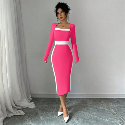 Damen Midi-Kleid Figurbetont Quadratischer Ausschnitt Kontrastakzente