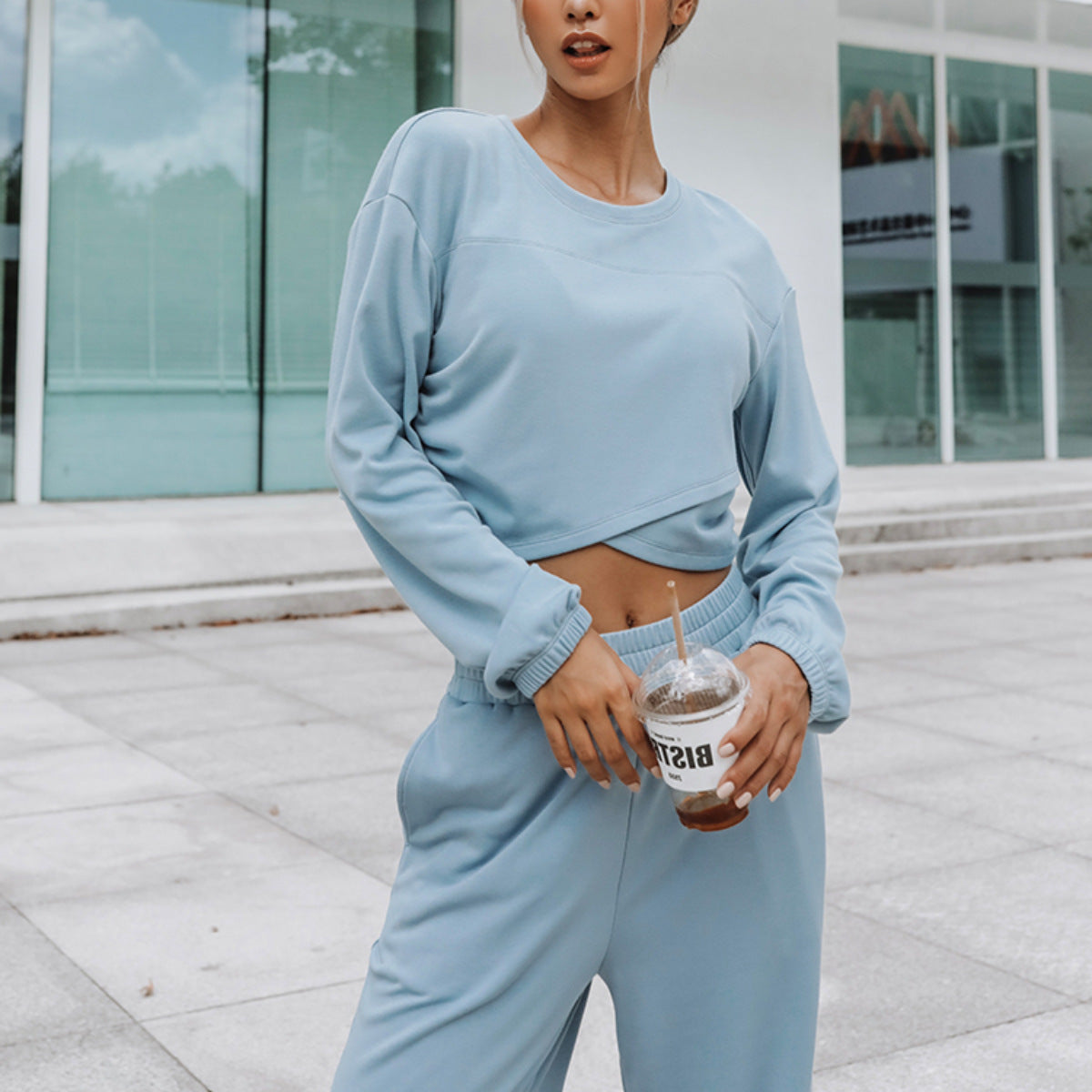 Damen Sweatshirt Set Cropped mit weiter Jogginghose Norvielle