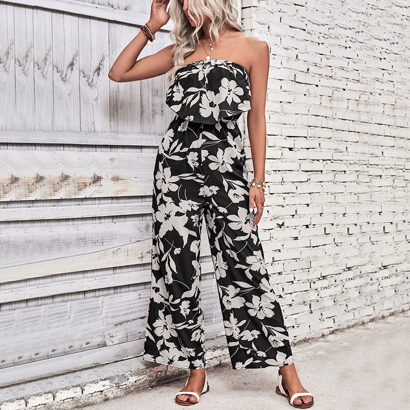 Damen Jumpsuit Florales Rüschenoberteil Weites Bein