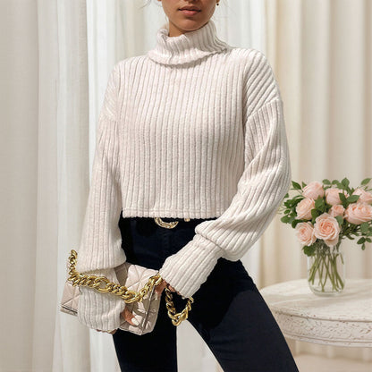 Damen Pullover Cropped mit Rippstruktur und hohem Kragen Norvielle - Norvielle