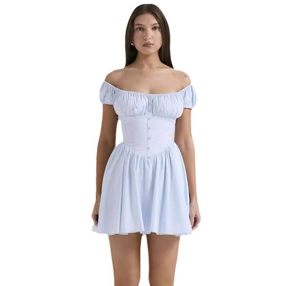 Damen Sommerkleid Raffungsausschnitt Knopfdetail Seide