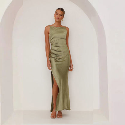 Damen Satin Maxikleid mit Raffungsausschnitt und Seitenschlitz