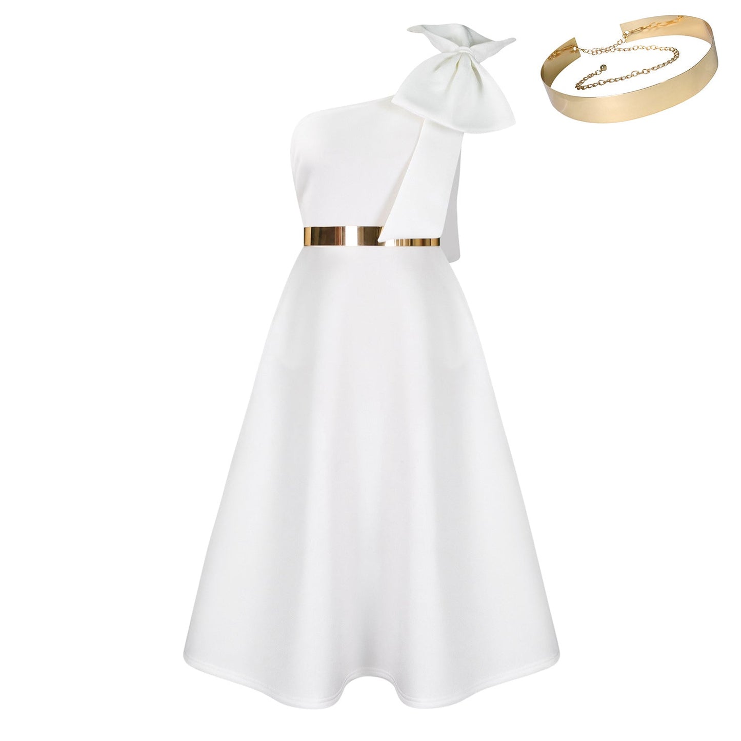 Damen Schulterfreies Kleid mit Halstuch und Goldakzent