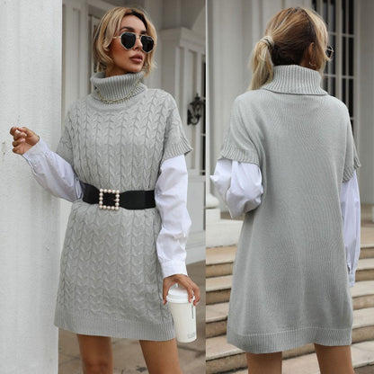 Damen Strickkleid Hochkragen Zopfmuster Norvielle