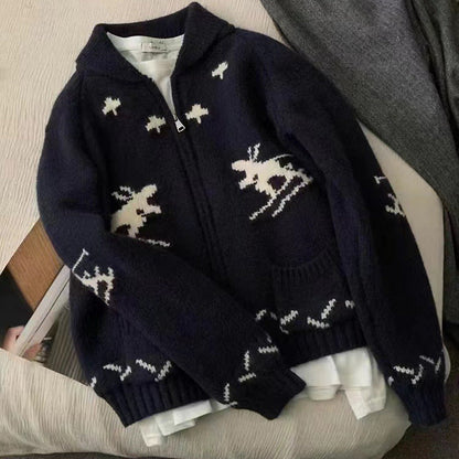 Damen Strickjacke Tiermuster Reißverschluss Norvielle