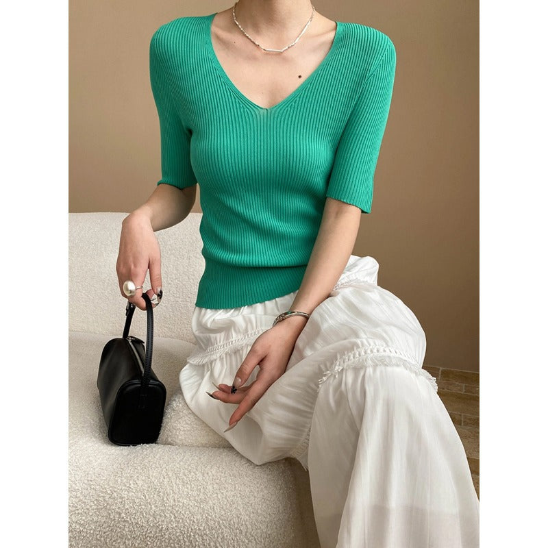 Damen V-Ausschnitt Pullover Rippstrick Fein Norvielle - Norvielle