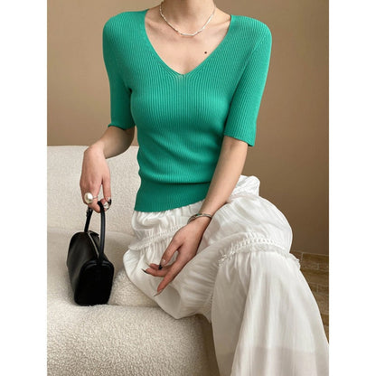 Damen V-Ausschnitt Pullover Rippstrick Fein Norvielle - Norvielle