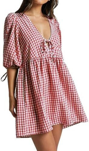 Damen Freizeitkleid V-Ausschnitt Puffärmel Norvielle