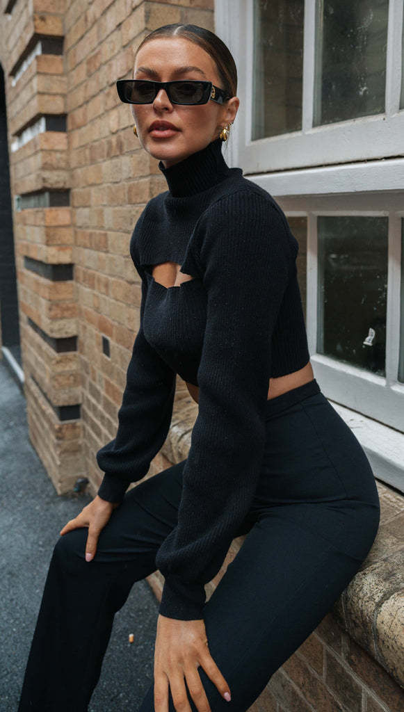 Damen Croppierter Pullover Hochkragen Cut-Out