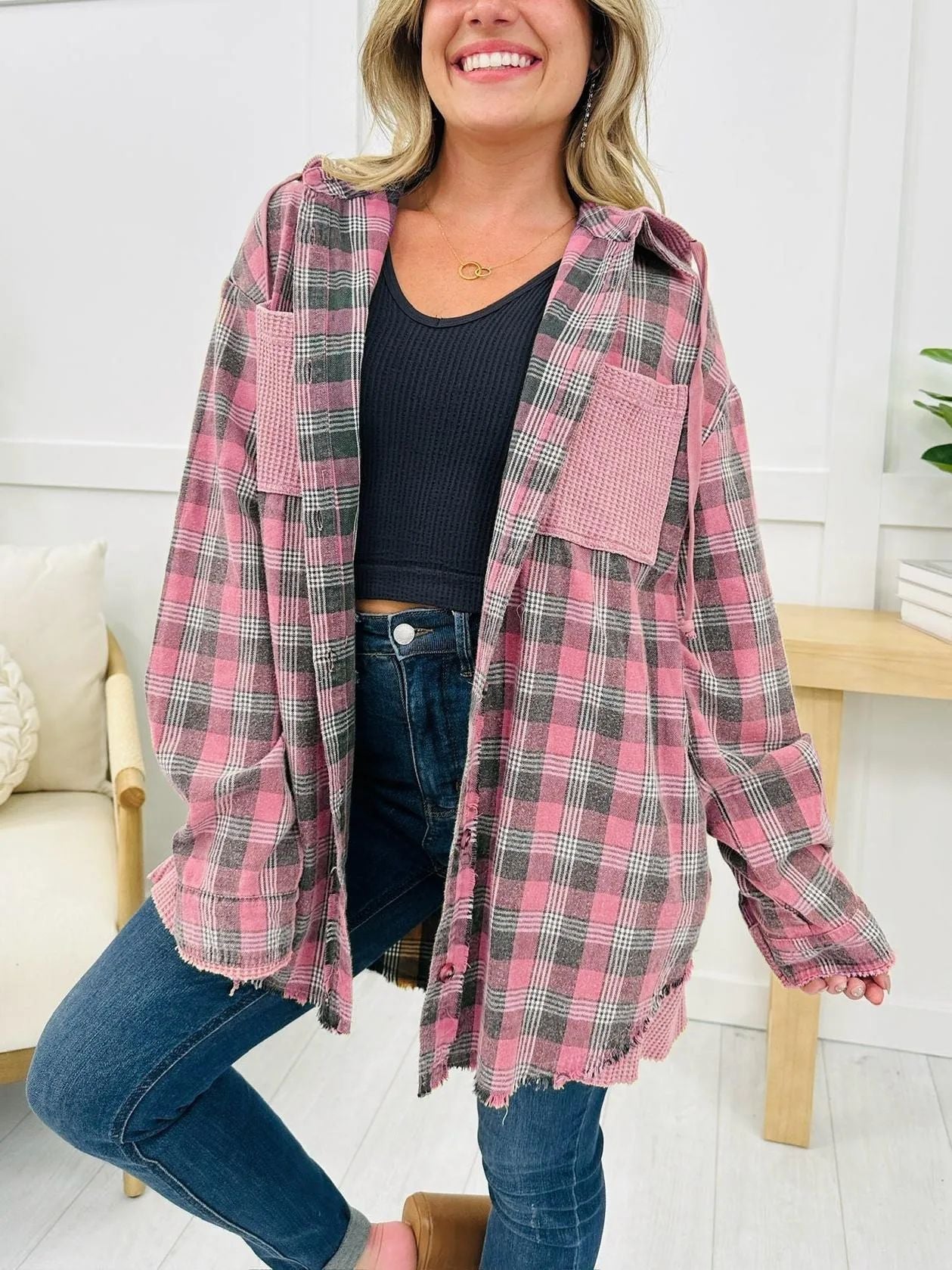 Damen Karo-Hemdjacke Oversized mit Fransen Details Norvielle