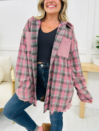 Damen Karo-Hemdjacke Oversized mit Fransen Details Norvielle