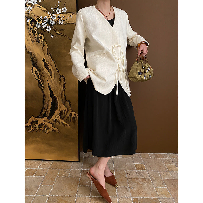 Damen Wickeljacke aus Strukturstoff mit Dekorationsbändern Beige