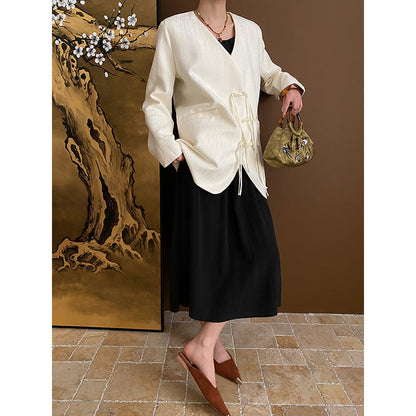 Damen Wickeljacke aus Strukturstoff mit Dekorationsbändern Beige