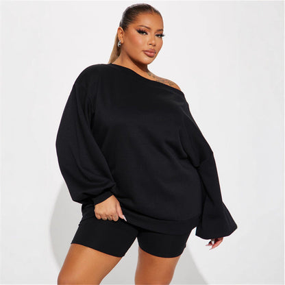 Damen Oversized Sweatshirt Asymmetrischer Ausschnitt Ballonärmel
