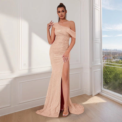 Damen Abendkleid Schulterfrei Glitzernde Pailletten Hochschlitz - Norvielle