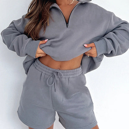 Damen Sweatpullover Kurz Hose Reißverschluss Norvielle
